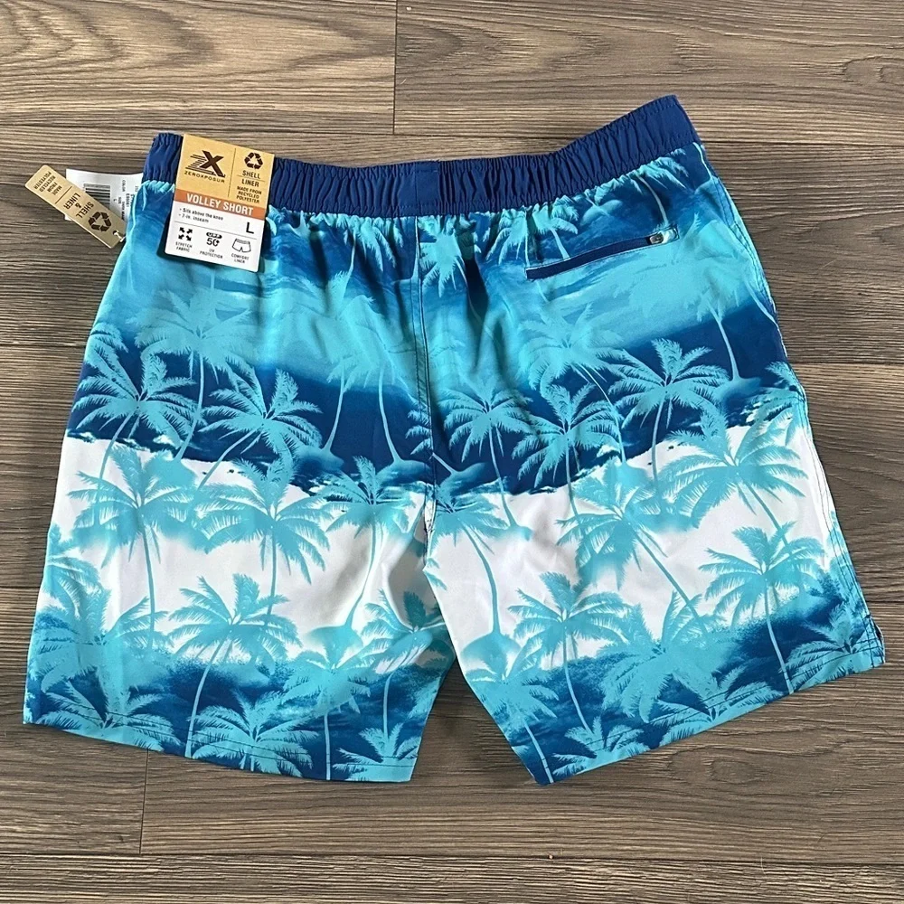 ZeroXposur Blue and White Palm Tree Swim Trunks